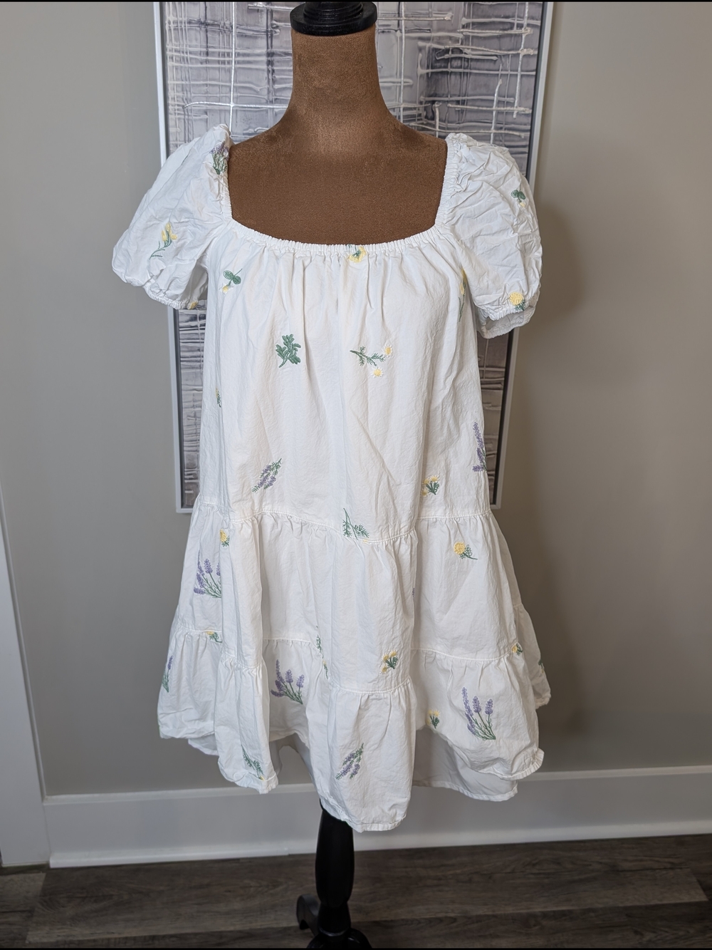 Mustard Seed White Mini Baby doll Dress with Yellow & Lavender Floral Embroidery